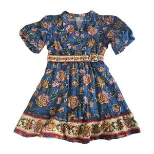 Joie Cotton Dress Puff Sleeves Belted Ruffle Hem Floral Cowgirl Blue Red Size 12
